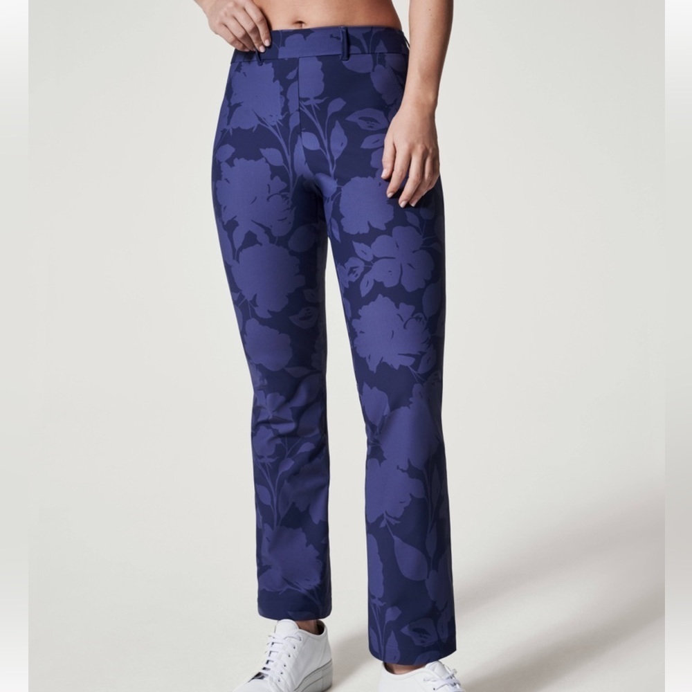 Spanx Floral Print Straight Leg Pull On Pants in Deep Blue
